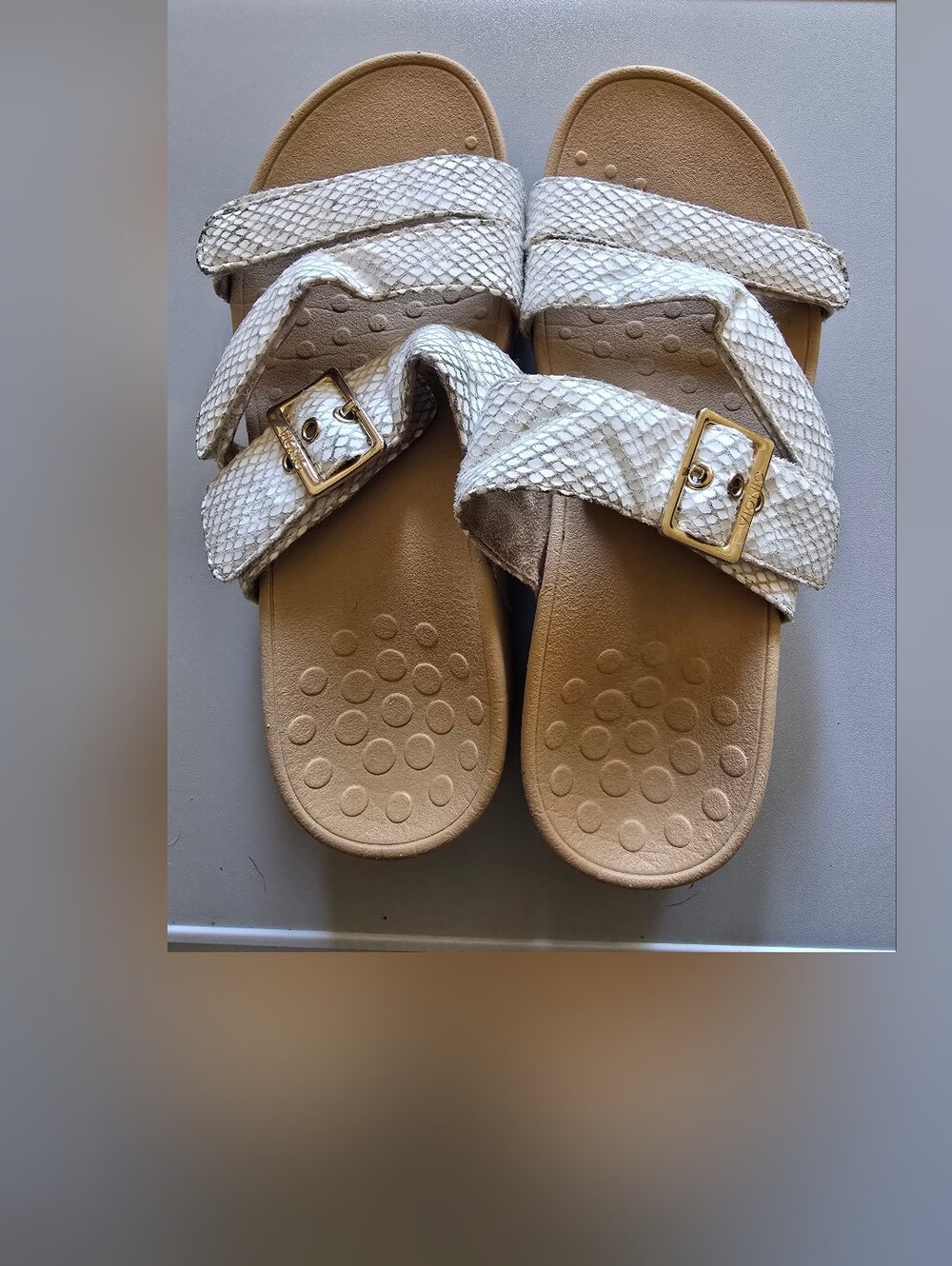 Vionic Beige Snake-Print Buckle Sandals